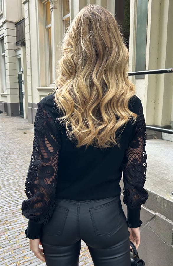 Lace Sleeve Soft Trui Zwart – truien, foto 8