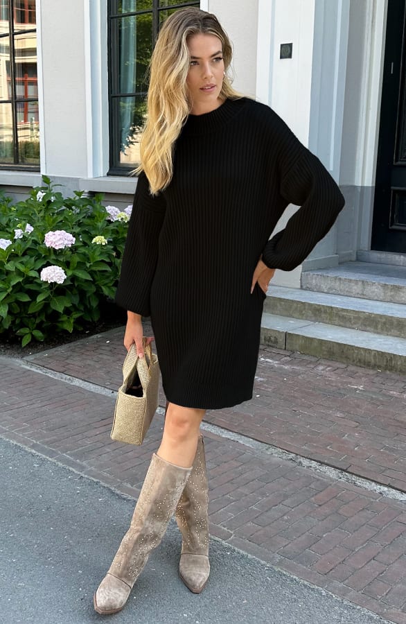 Oversized Knitted Sweater Dress Zwart – jurken, foto 5