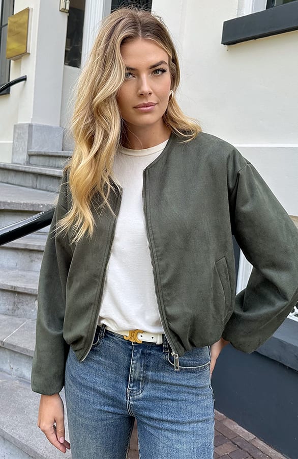 Oversized Suede Bomber Jacket Army – jassen, foto 3
