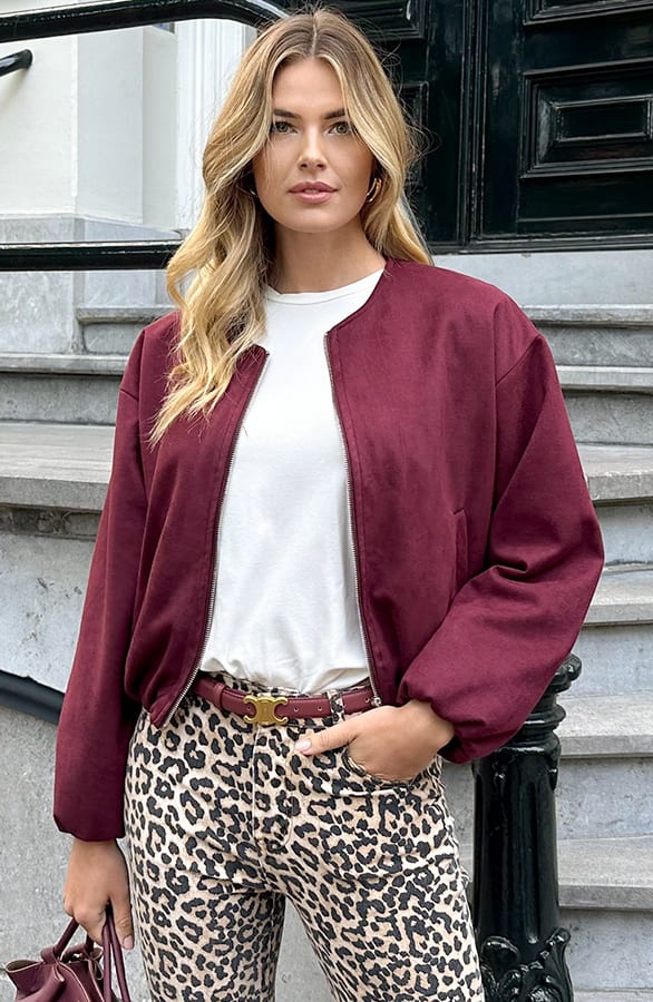 Oversized Suede Bomber Jacket Burgundy – jassen, foto 3