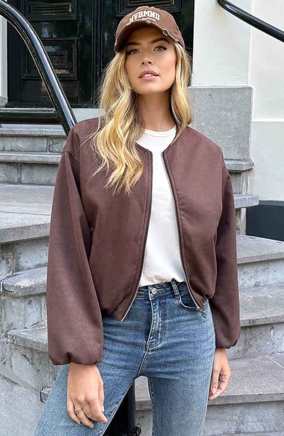 Oversized Suede Bomber Jacket Choco Bruin – jassen, foto 9