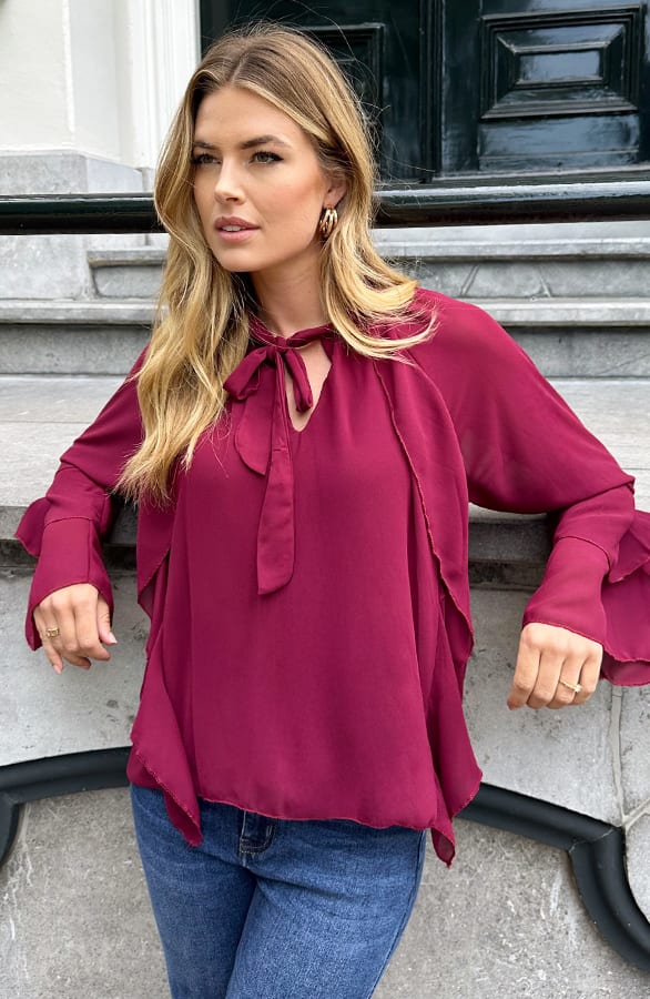 Ruffle Chiffon Strik Blouse Burgundy – blouses, foto 6