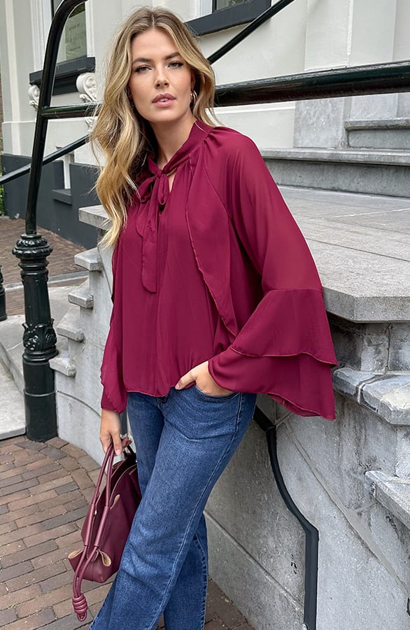 Ruffle Chiffon Strik Blouse Burgundy – blouses, foto 7