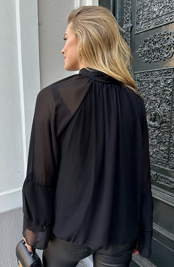 Ruffle Chiffon Strik Blouse Zwart – blouses, foto 4