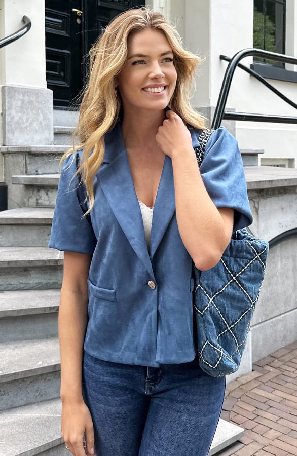 Suede Puff Sleeve Blazer Jeans Blue – blazers, foto 1
