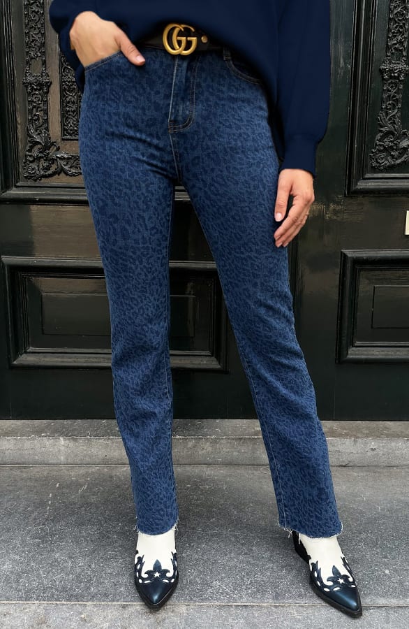Wide Leg Jeans Leopard Blue Stretch FMH