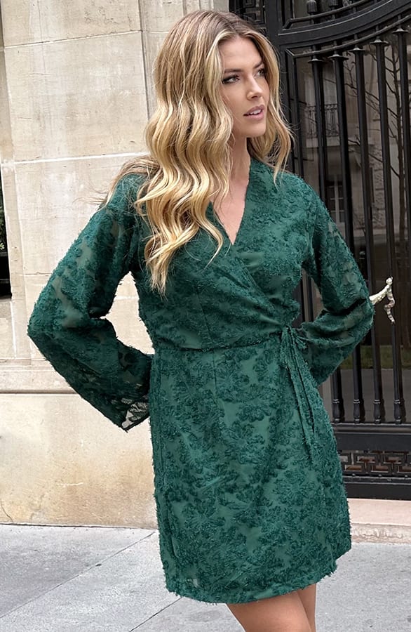 Fringe Wrap Jurk Wijde Mouw Smaragd – jurken, foto 8