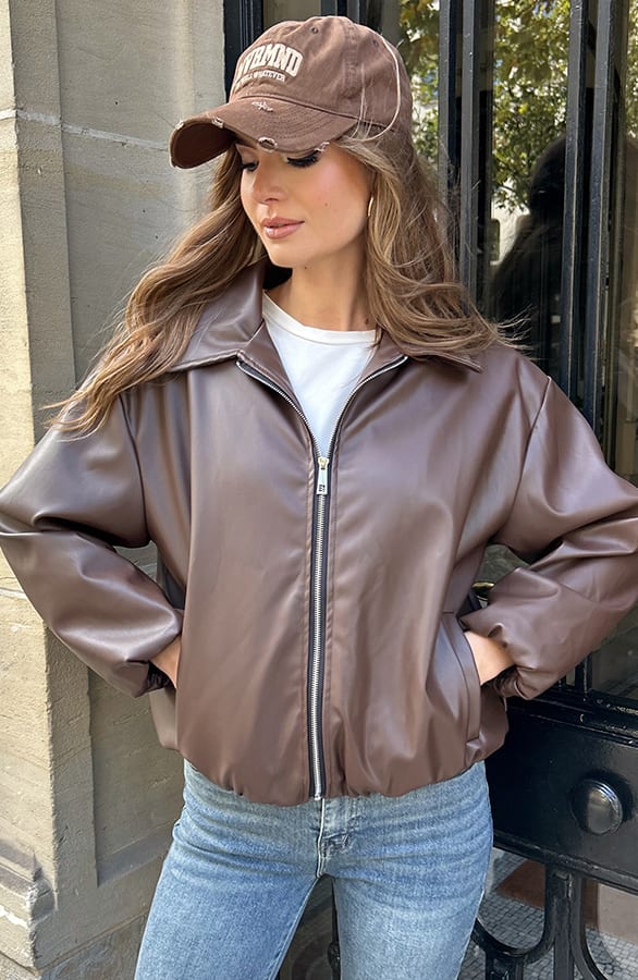 Oversized Leather PU Bomber Choco – shoparchief, foto 6