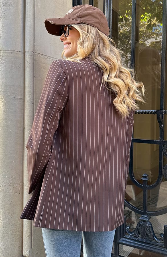 Oversized Striped Print Blazer Choco – jassen, foto 5