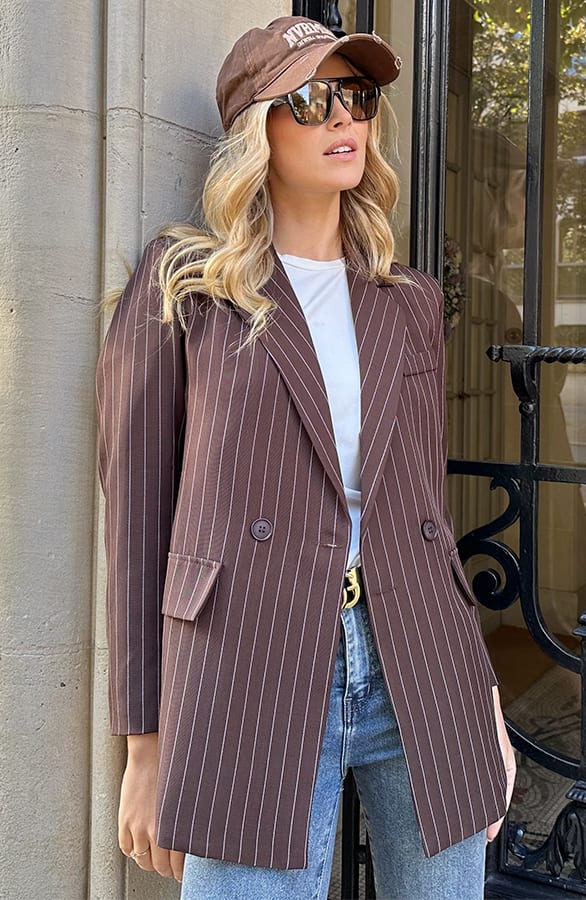 Oversized Striped Print Blazer Choco – jassen, foto 3