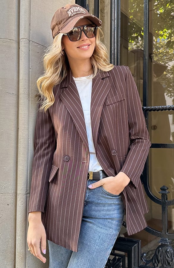 Oversized Striped Print Blazer Choco – jassen, foto 1