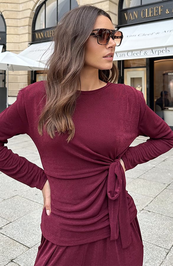 Schoudervulling Long Sleeve Stretch Top Burgundy – tops, foto 3