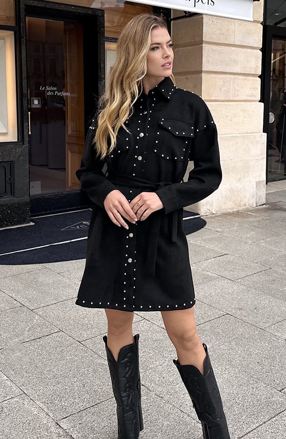 Studs Suede Button Kleid Schwarz, Kleider, Foto 8