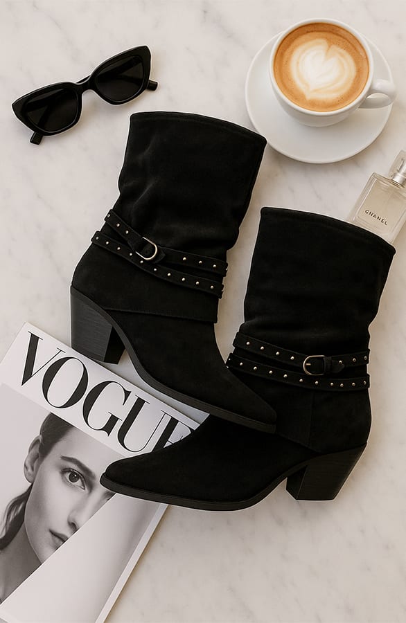 Suede Studs Cowboy Boots Zwart – alle schoenen, foto 1