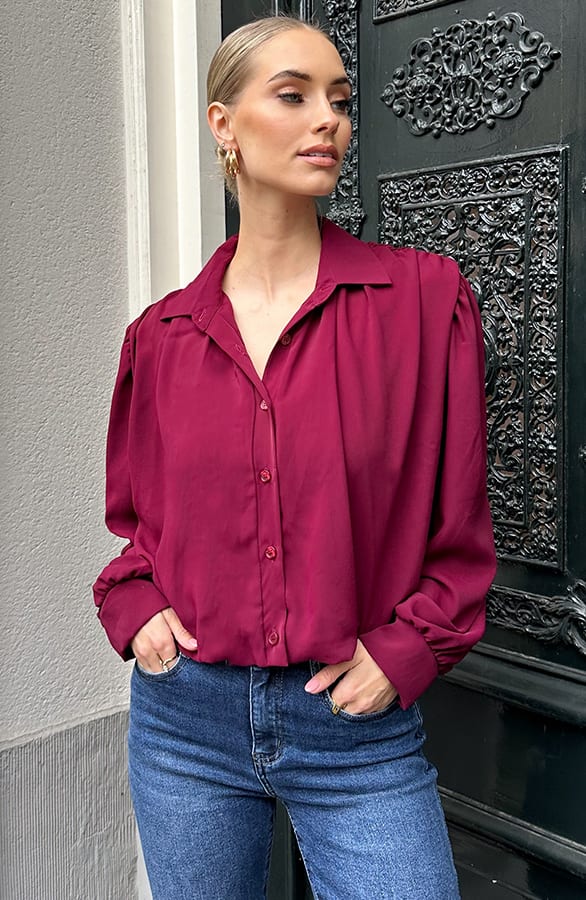 Gedrapeerde Cropped Blouse Burgundy – tops, foto 3