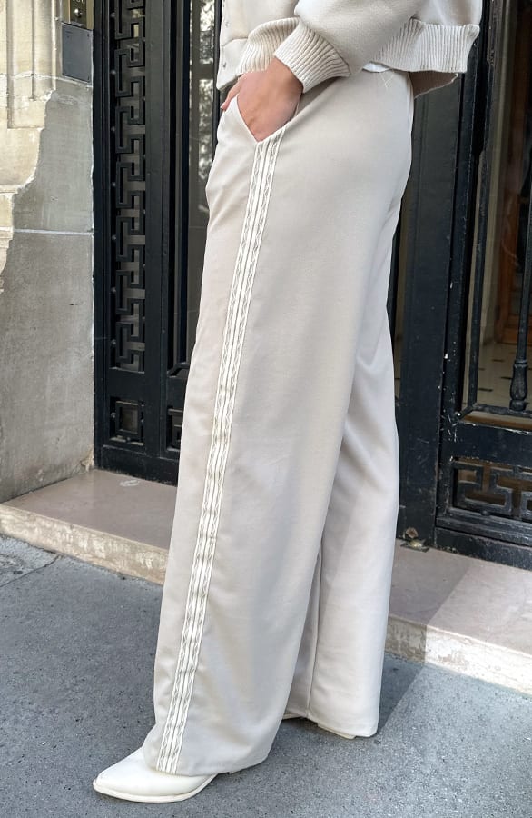 Lace Detail Wide Leg Broek Beige