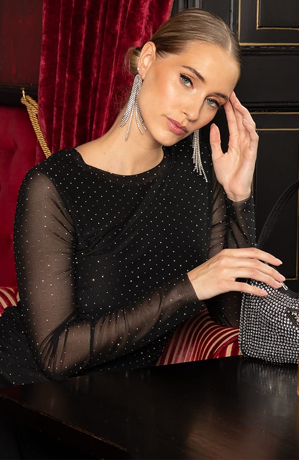 Mesh Stretch Rinestone Top Zwart – shoparchief, foto 1