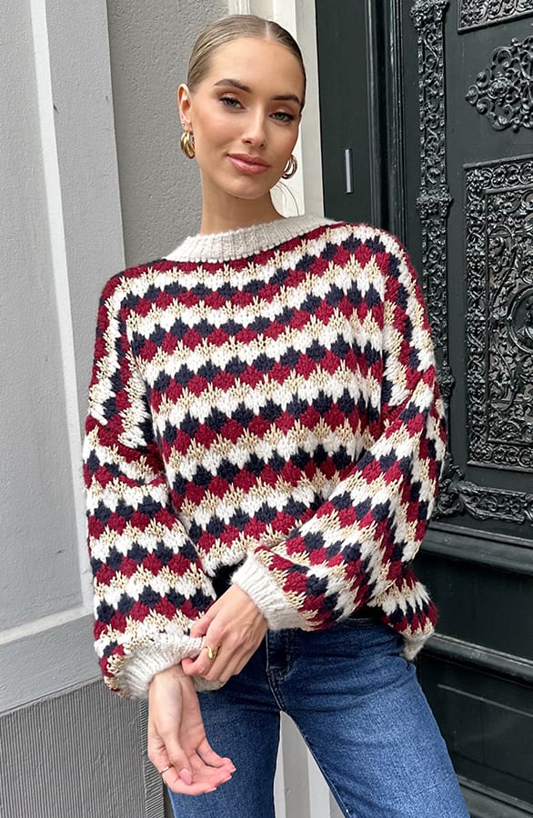 Oversized Lurex Trui Burgundy Beige – truien, foto 1