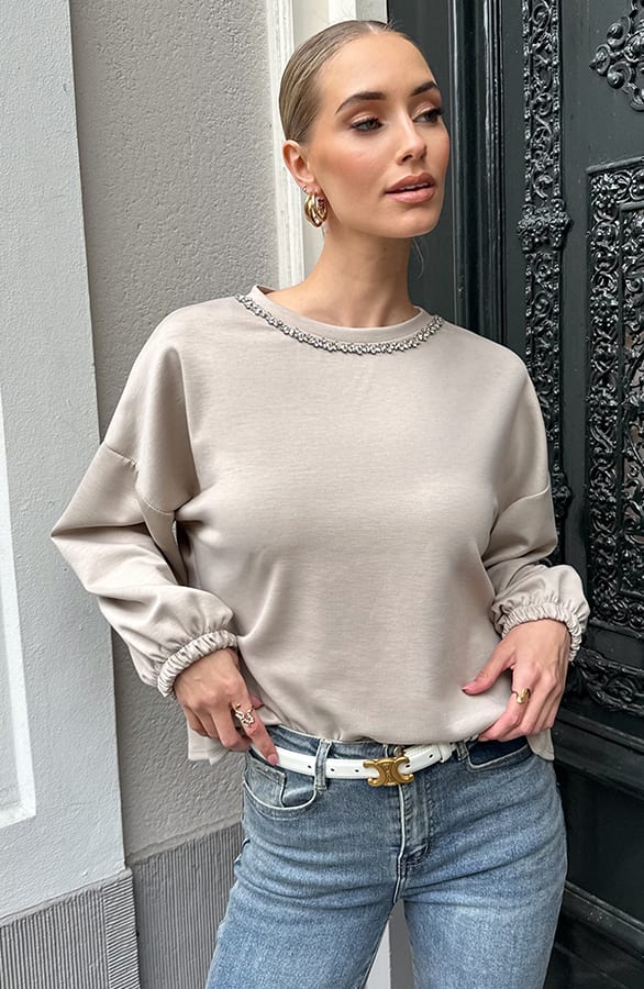 Oversized Strass Sweater Beige – truien, foto 10