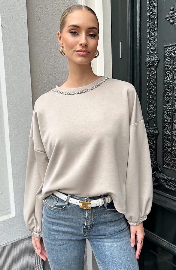 Oversized Strass Sweater Beige – truien, foto 7