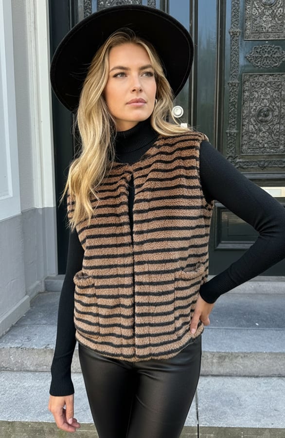 Gilet Pocket Teddy Stripe Zwart Camel