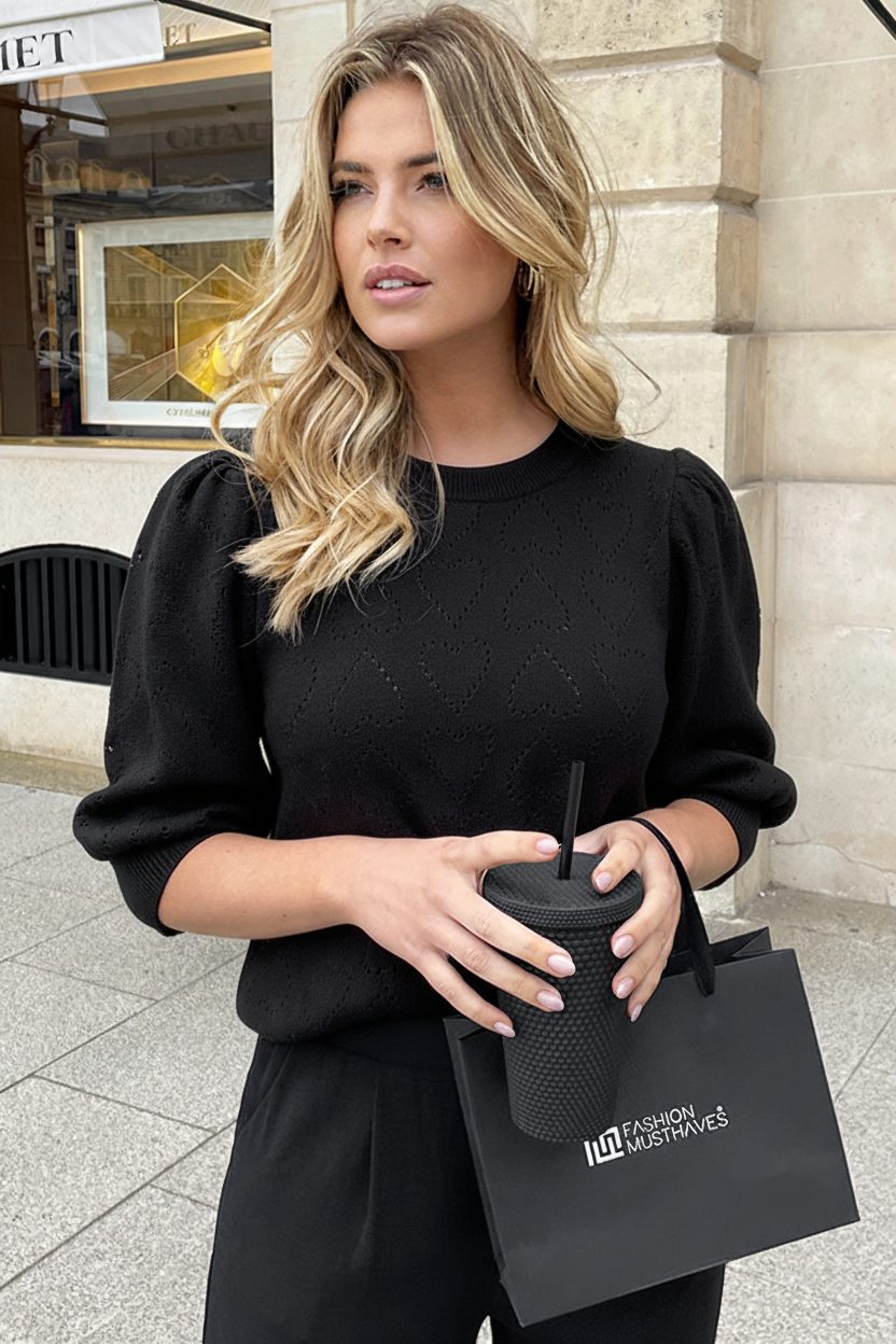 Hartjes Knitted Pofmouwen Top Zwart