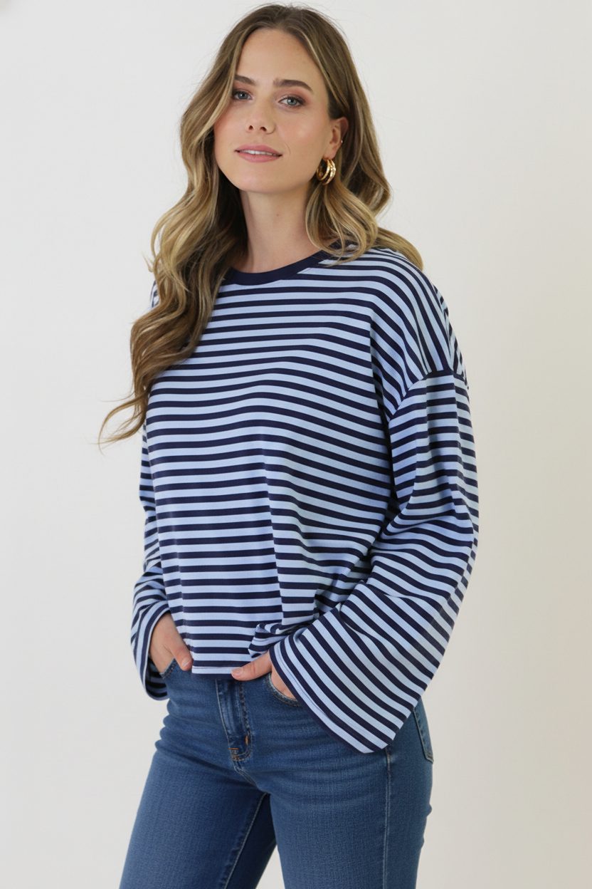 Oversized Streifen Top Baumwolle Marine Baby Blue, Tops, Foto 6