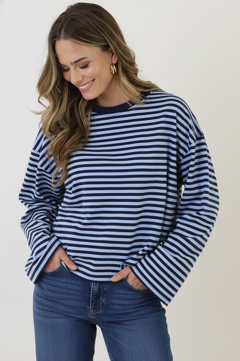 Oversized Streifen Top Baumwolle Marine Baby Blue, Tops, Foto 5