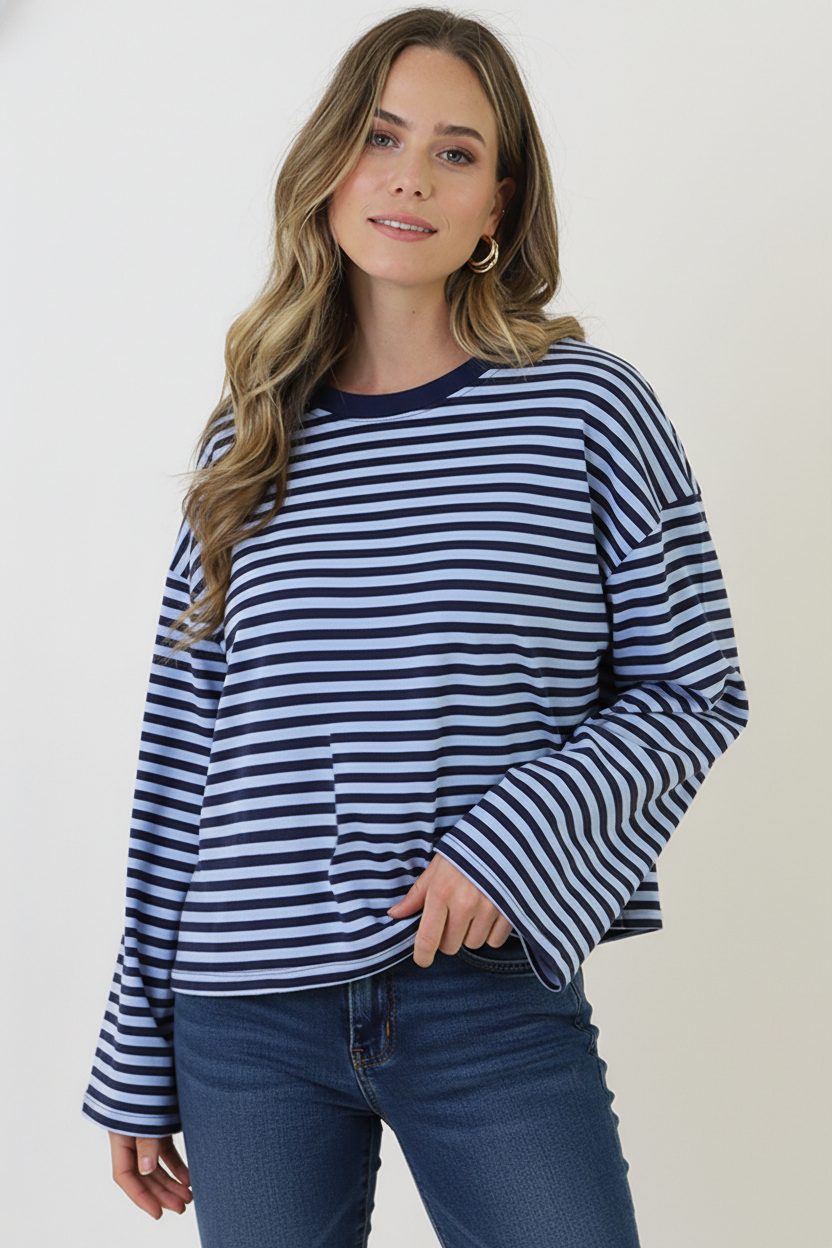 Oversized Streifen Top Baumwolle Marine Baby Blue, Tops, Foto 2