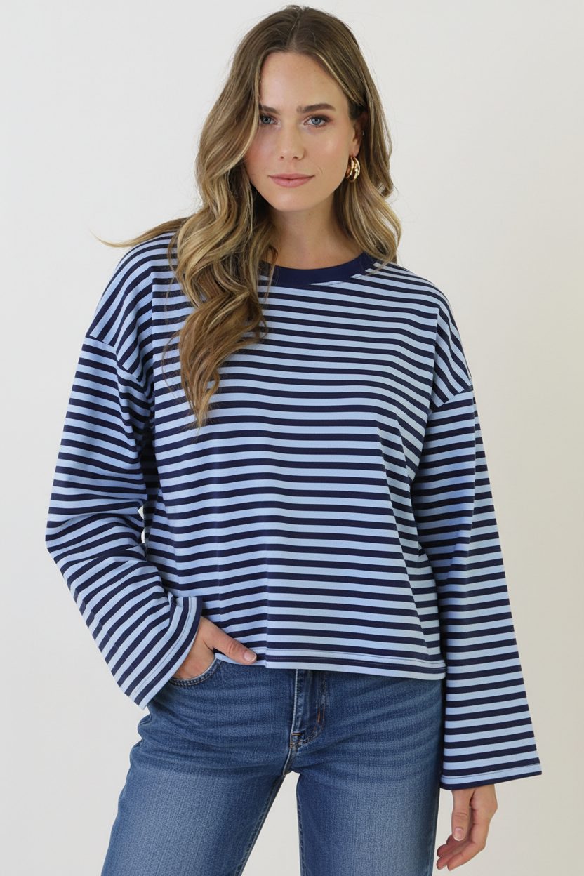 Oversized Strepen Top Katoen Marine Baby Blue