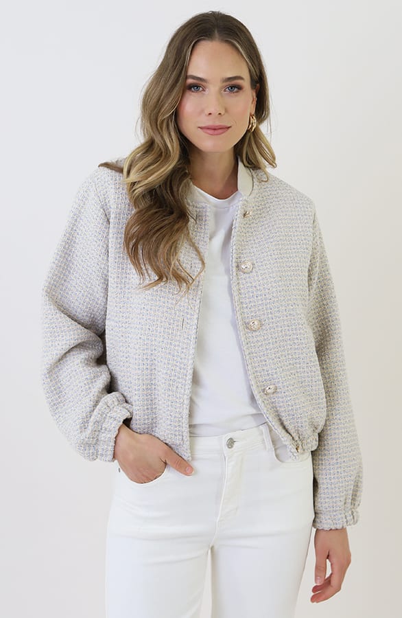 Boucle Bomber Jacket Blauw Beige – jassen, foto 5