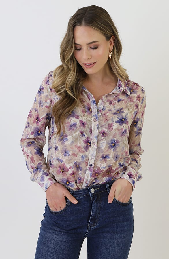 Chiffon Bloem Print Blouse Beige – blouses, foto 10