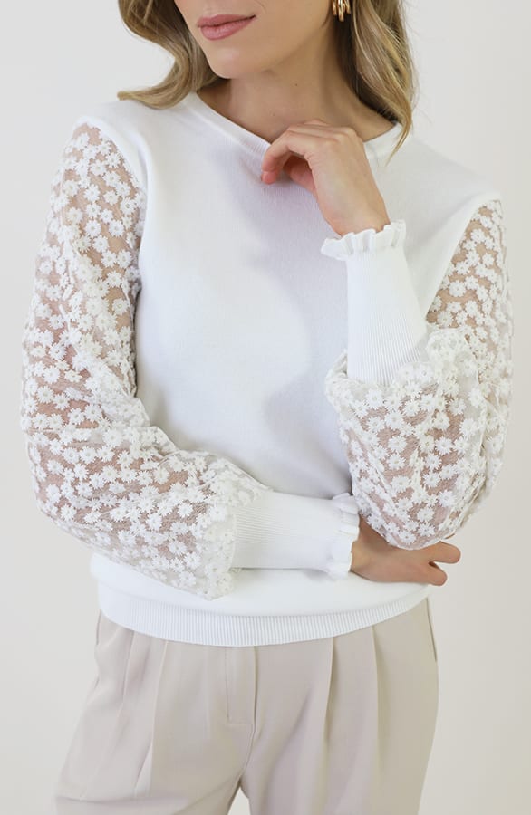 Embroidery Sleeve Soft Trui Ecru – truien, foto 10