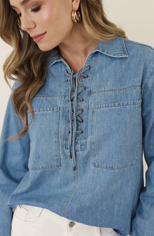 Lace-up Cotton Blouse Blue – blouses, foto 4