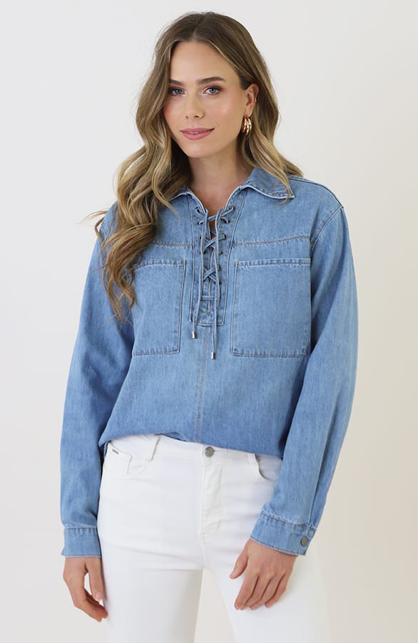 Lace-up Cotton Blouse Blue – blouses, foto 6