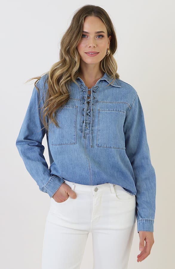 Lace-up Cotton Blouse Blue