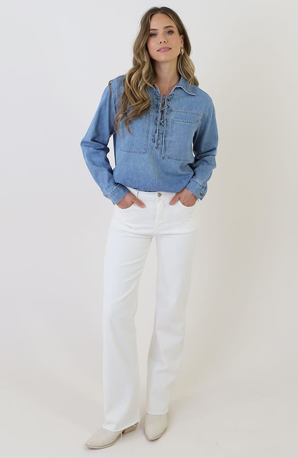 Lace-up Cotton Blouse Blue – blouses, foto 5