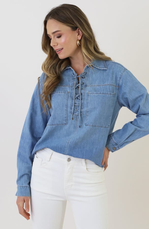 Lace-up Cotton Blouse Blue – blouses, foto 2