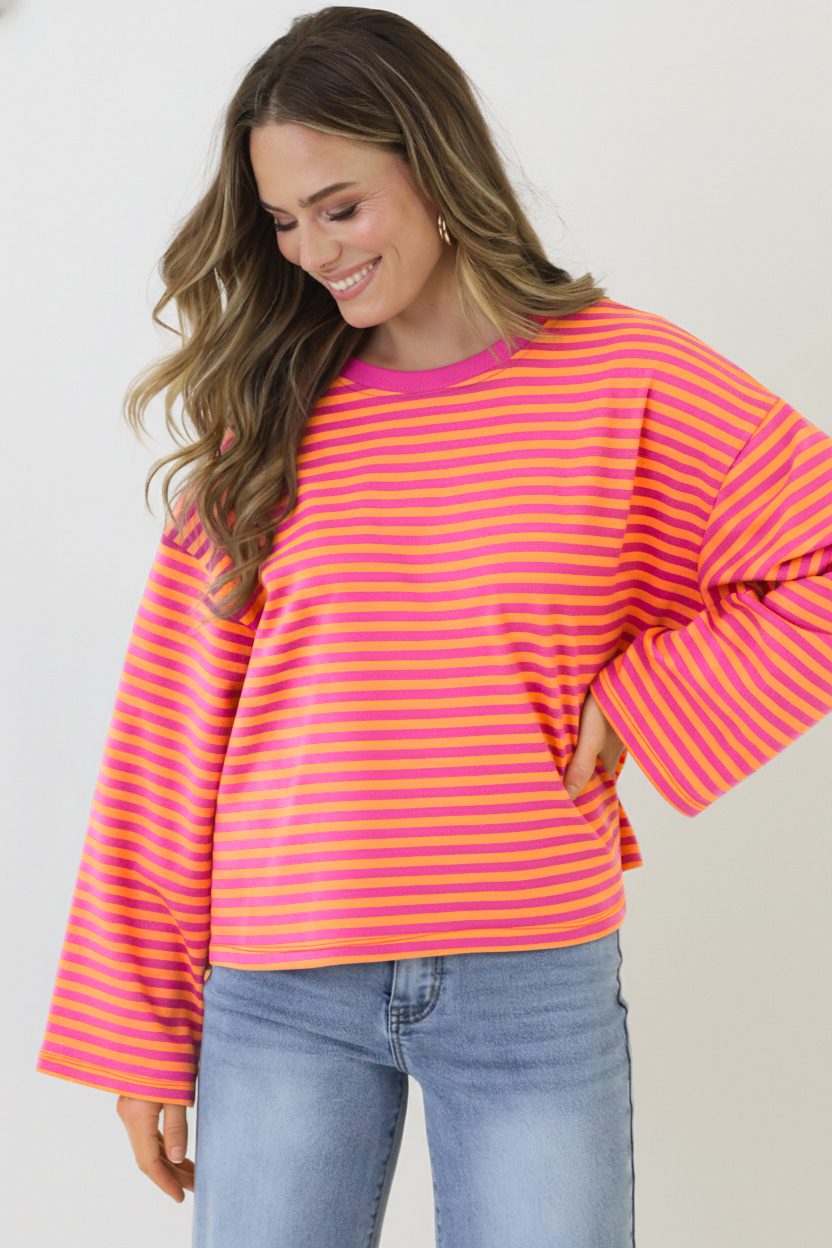 Oversized Strepen Top Katoen Fuchsia Orange