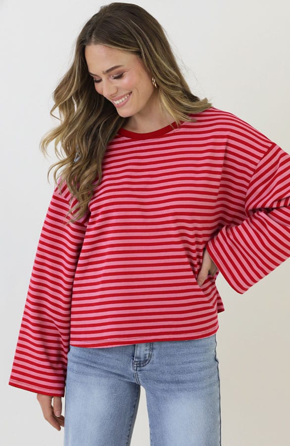 Oversized Streifen Top Baumwolle Fuchsia Rosa, Tops, Foto 3