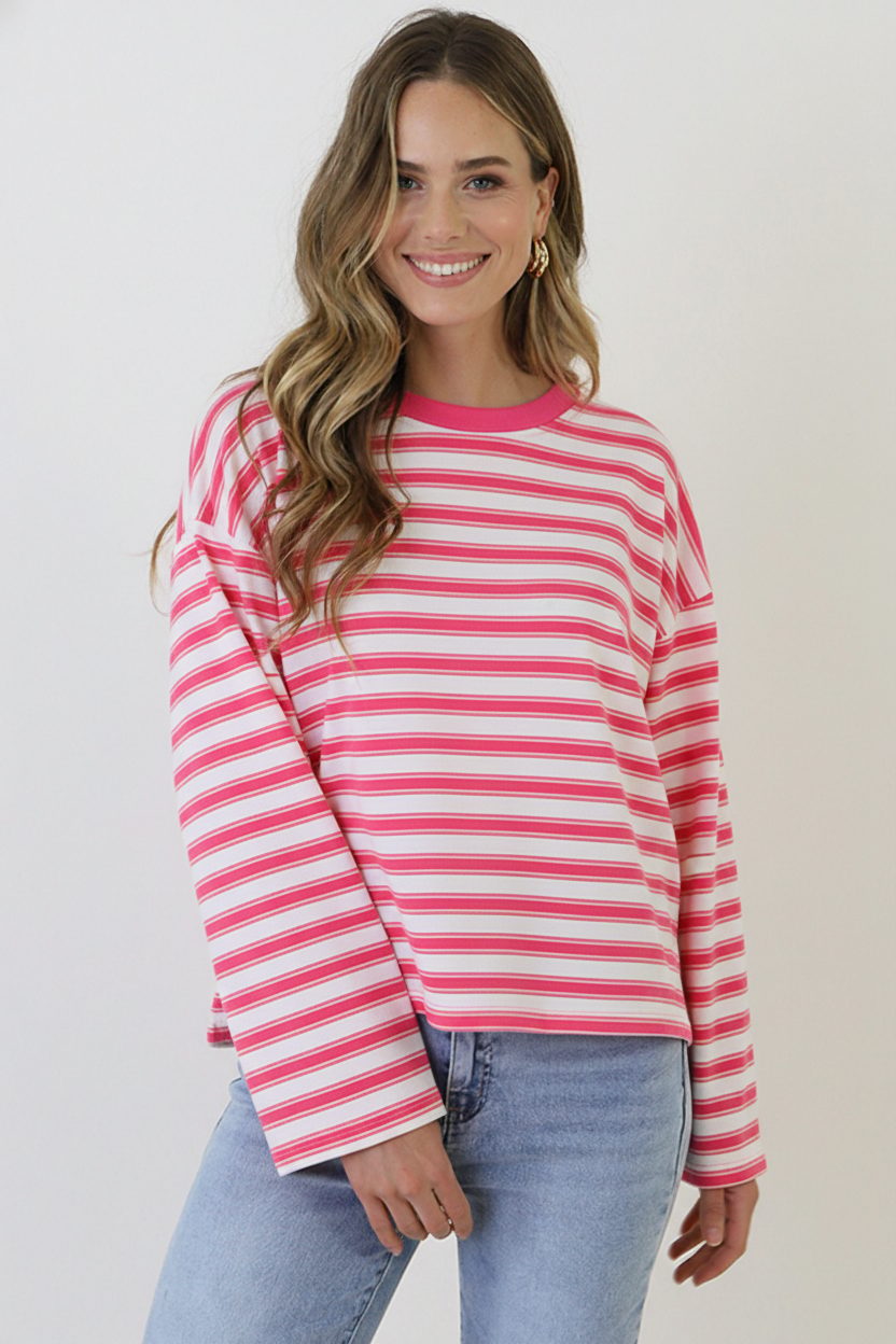 Oversized Strepen Top Viscose Fuchsia – tops, foto 1
