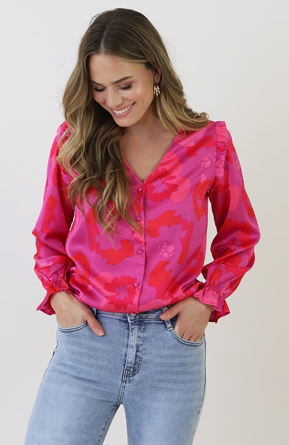 Ruffle Silk Blouse Print Roze – blouses, foto 12
