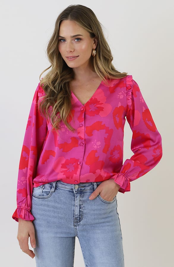 Ruffle Silk Blouse Print Roze – blouses, foto 14