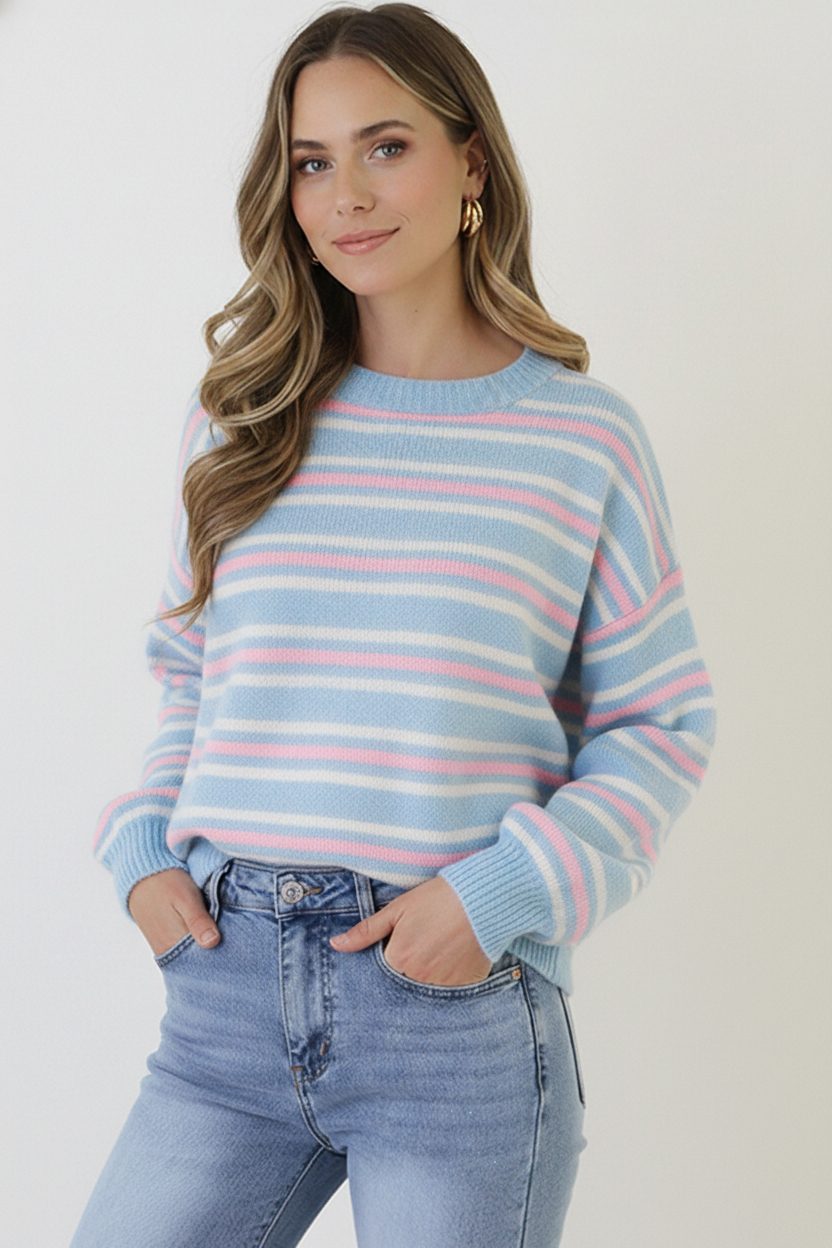 Striped Long Sleeve Knit Tricolore Baby Blue – truien, foto 2