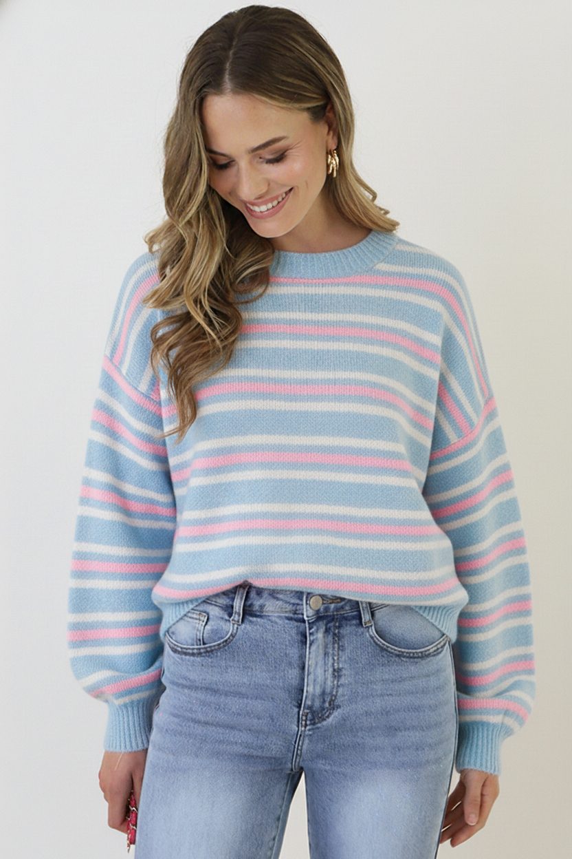 Striped Long Sleeve Knit Tricolore Baby Blue – truien, foto 6