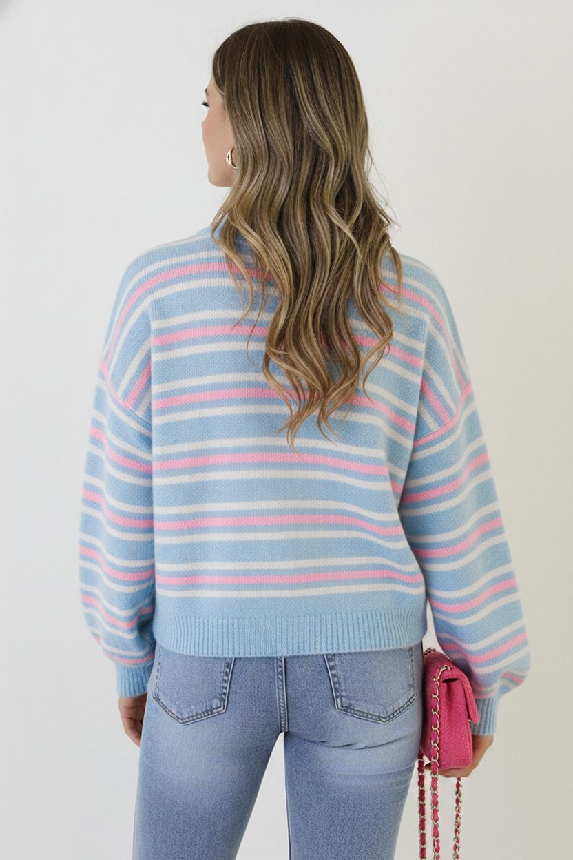 Striped Long Sleeve Knit Tricolore Baby Blue – truien, foto 3
