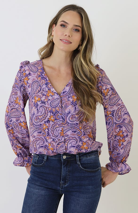 V-hals Knopen Blouse Paisley Lila – blouses, foto 11