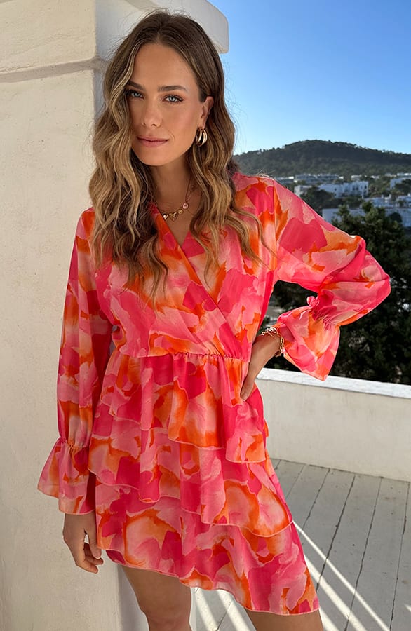 Asymmetrische V-hals Jurk Roze Oranje – jurken, foto 6