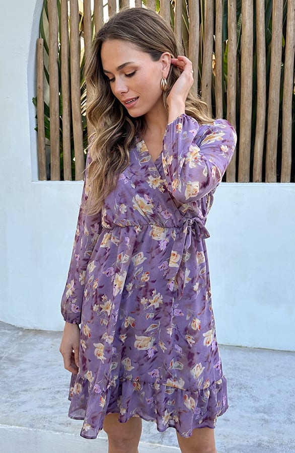 Flower Chiffon Ruffle Jurk Paars – jurken, foto 6
