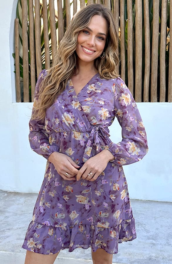 Flower Chiffon Ruffle Jurk Paars